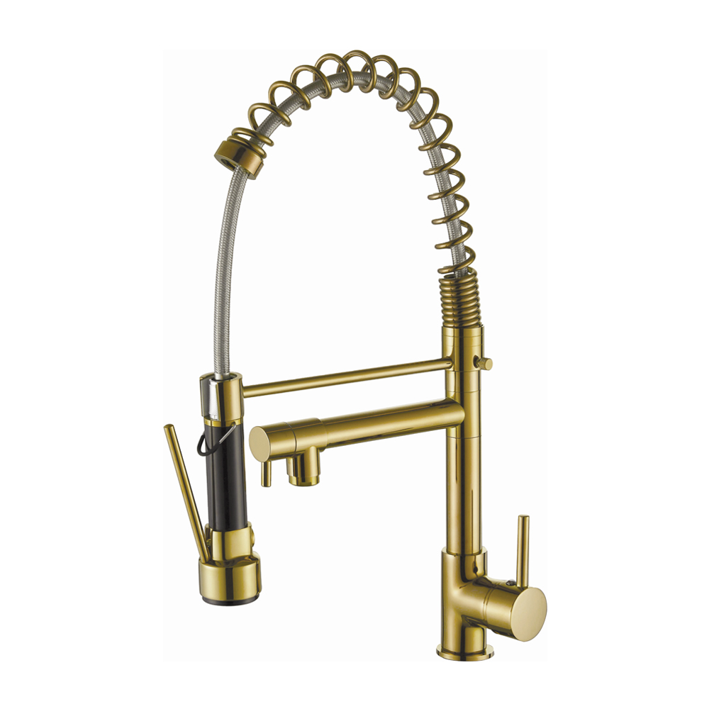 OE DelightFlow 360 Rotating Kitchen Sink Tap – Pull Out Flexible, Deck Mounted Double Spout Spring Kitchen Faucet, Luxurious Gold Finish