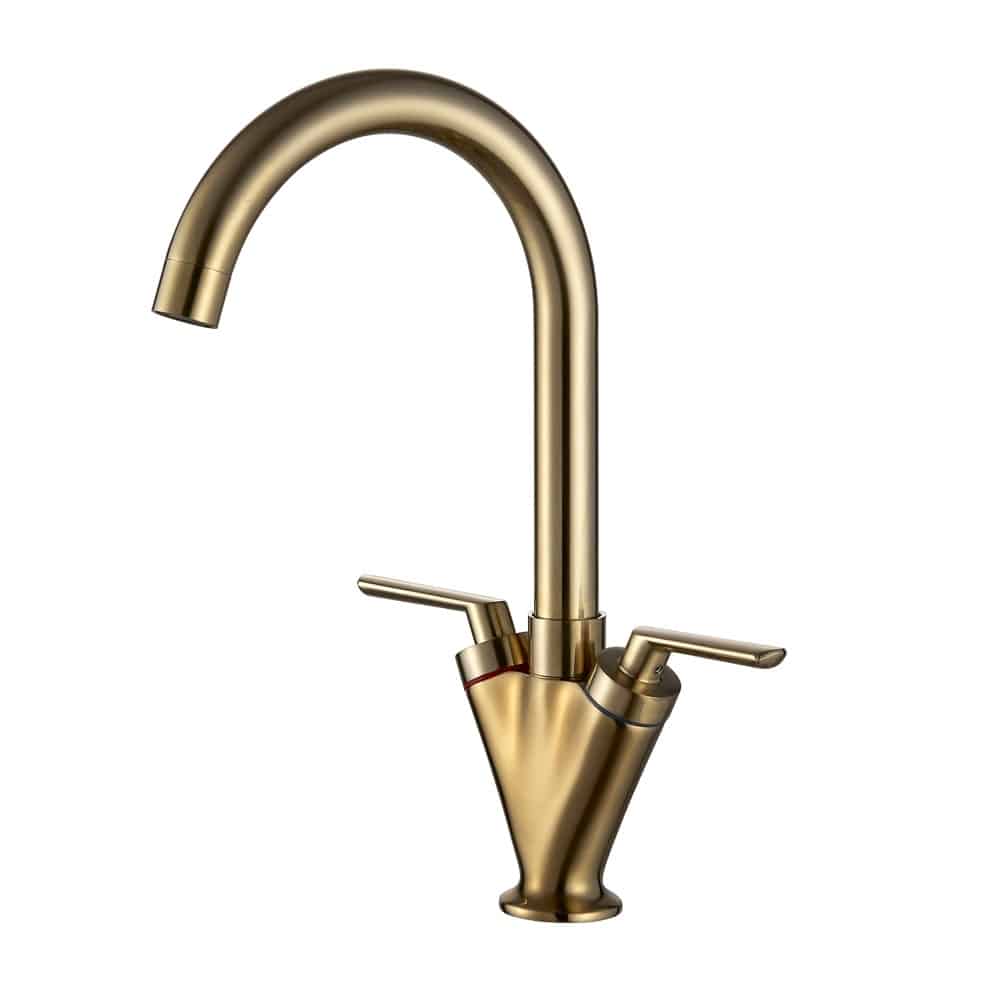 OE Berkshire Modern Brushed Gold Faucet Double Handle Twin Lever Kitchen Spout