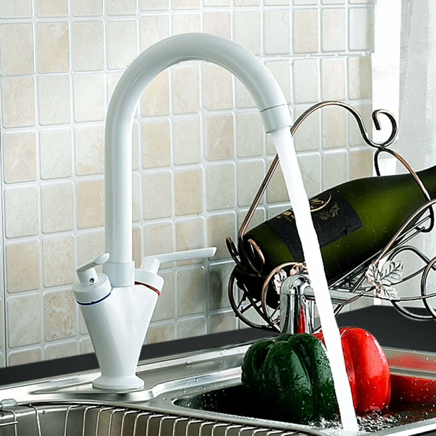 OE Berkshire White Kitchen Sink Tap – Double Lever, High Swan Swivel Neck Mixer Taps