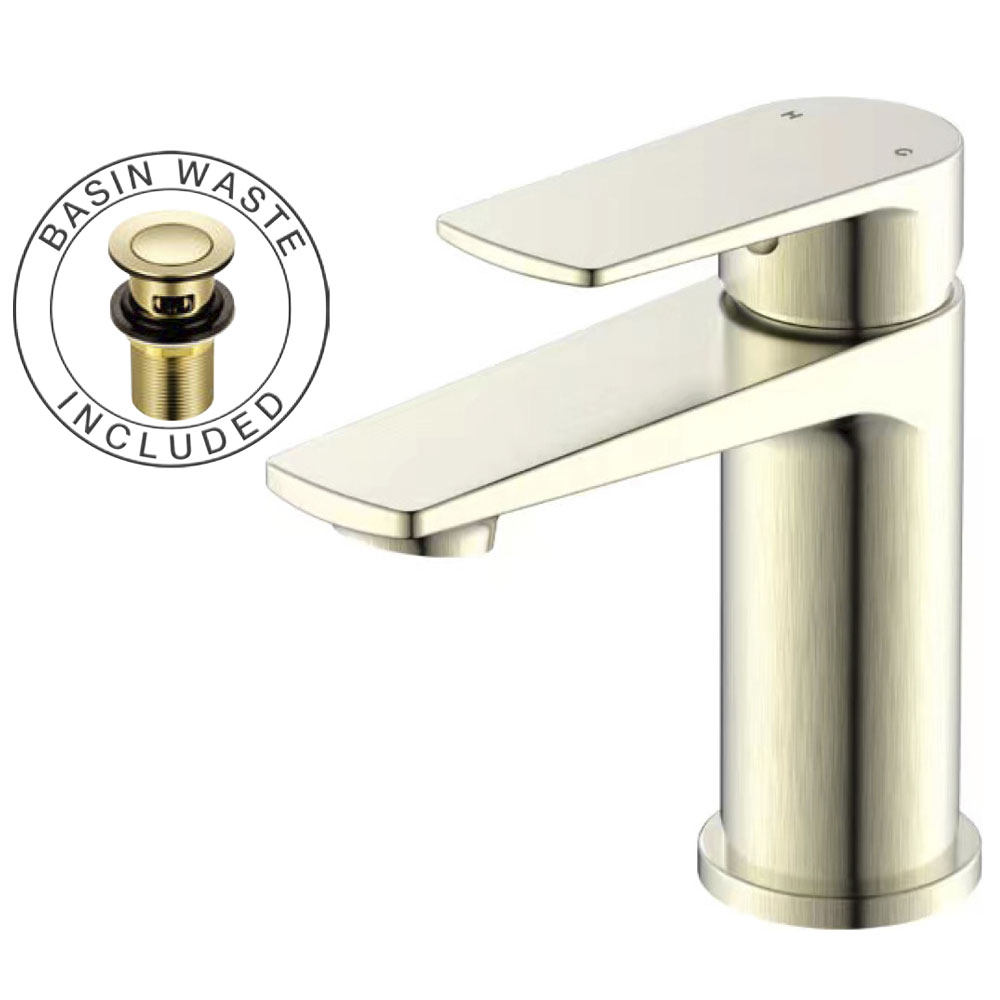 OE Ra Brushed Gold Bathroom Basin Mixer Tap (35mm Cartridge) with Waste and Single Lever Control