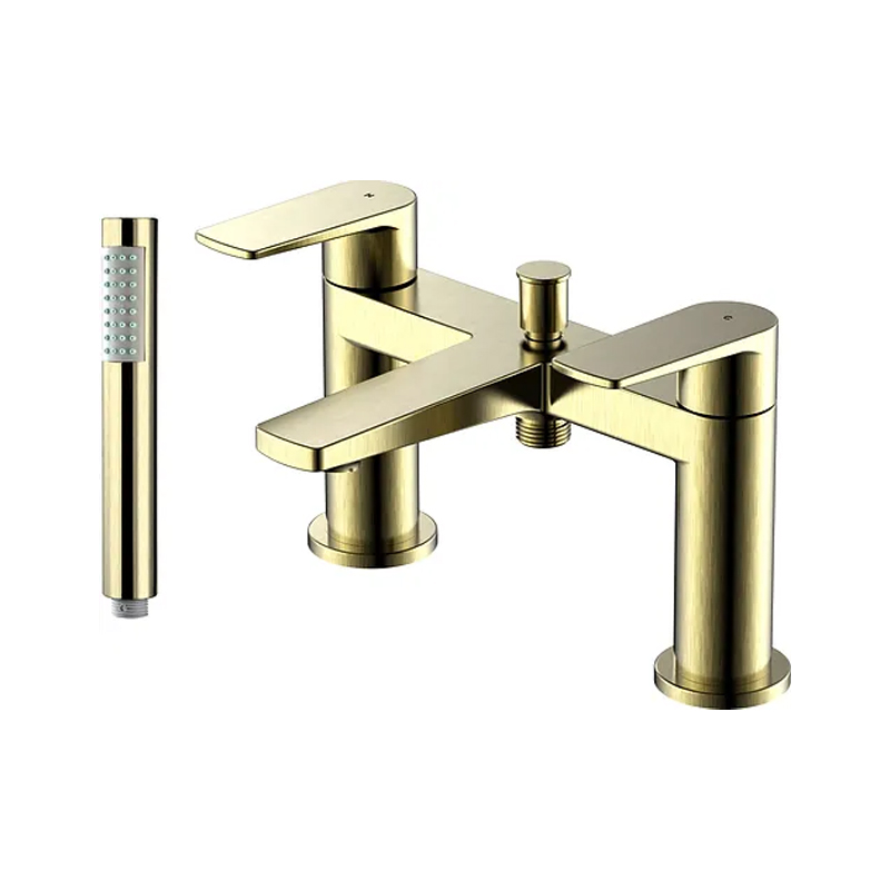 OE Ra Brushed Gold Deck Mounted Bath & Shower Mixer – Double Lever, Brass Construction